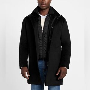 Uisicuvos black wool-blend overcoat with detachable hooded bib men’s large
